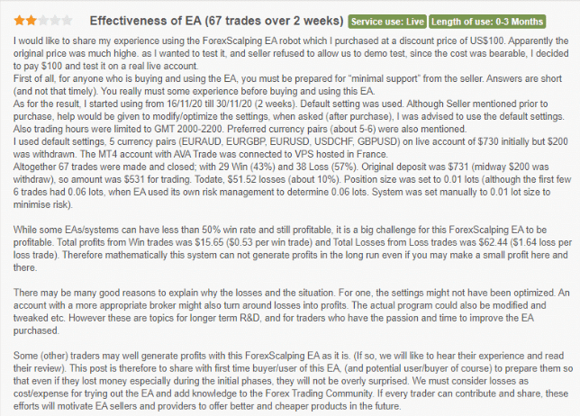 Forex Scalping EA Customer Reviews