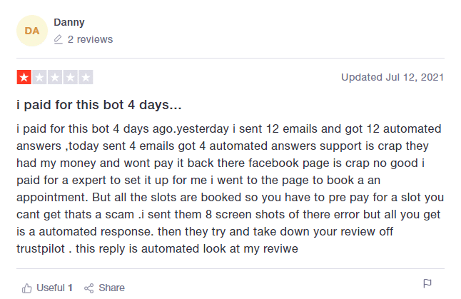 Negative customer review on Trustpilot