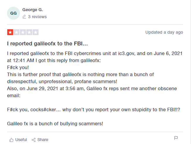 Customer review proving that Galileo FX is a scam