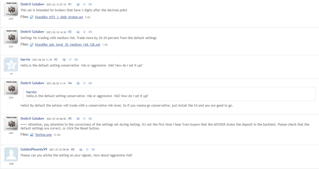 Klondike testimonials on mql5