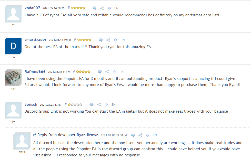Customer testimonials for Pinpoint EA on MQL5