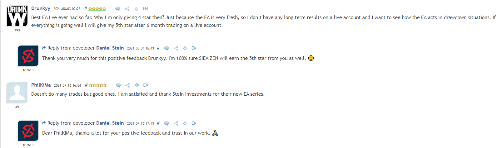 SIEA Zen testimonials on MQL5