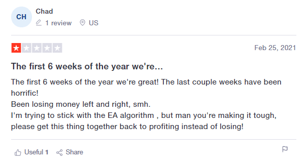 User review for ELITE Automated Algorithm EA on Trustpilot