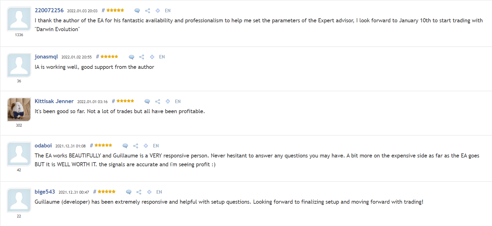 Customer testimonials on MQL5