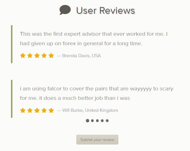 Customer reviews on the Forex Robot Trader website