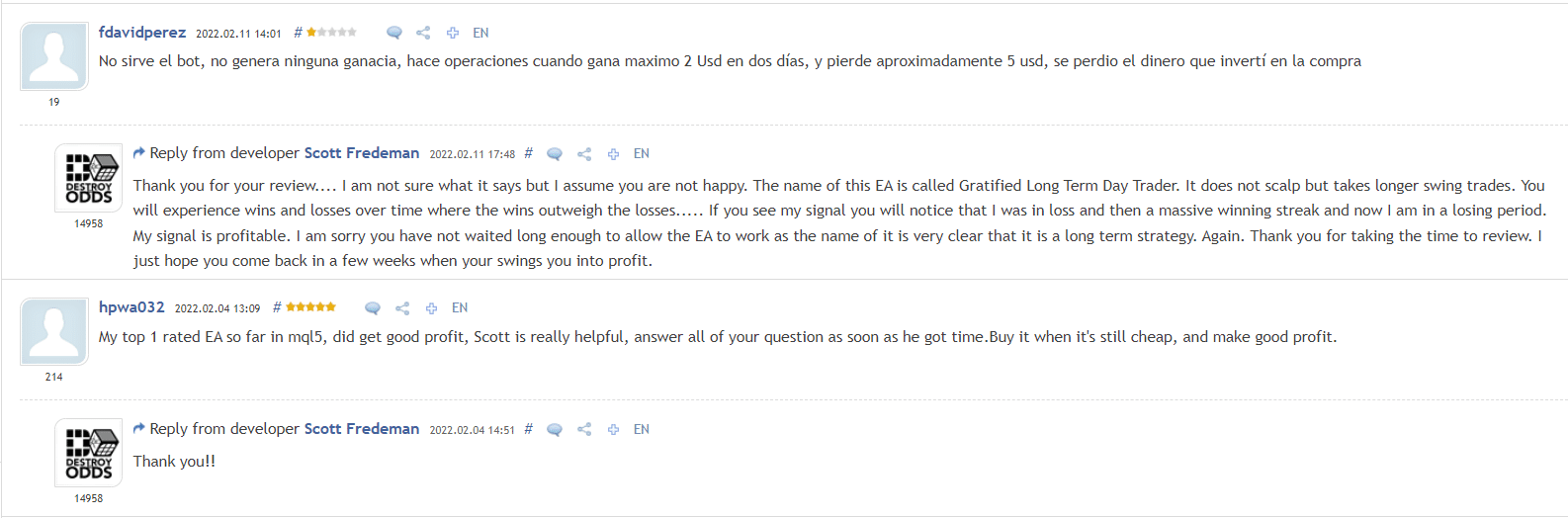 People testimonials on MQL5