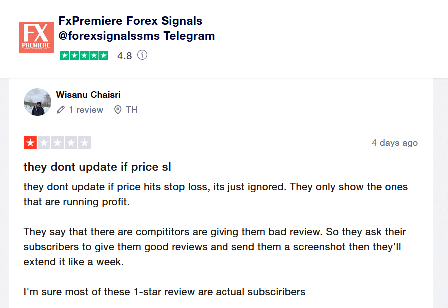 Customer review about the signal on TrustPilot
