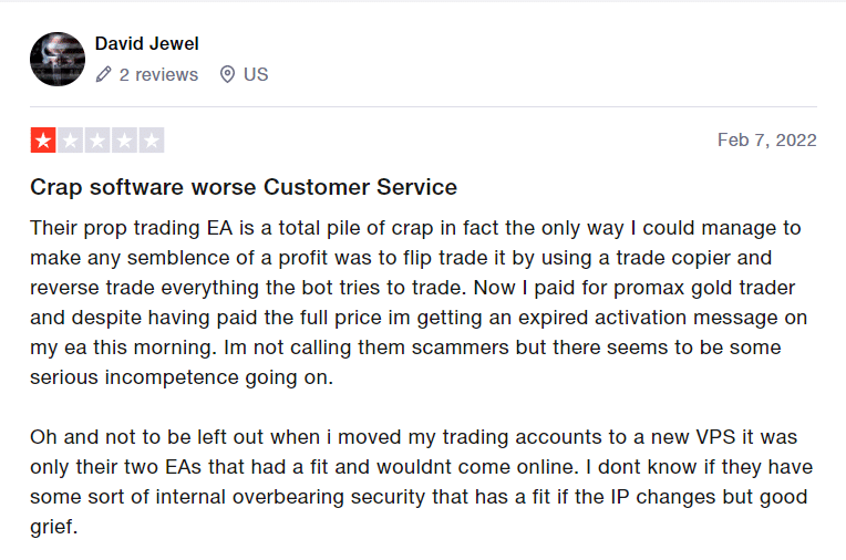 Negative trader testimonial on Trustpilot