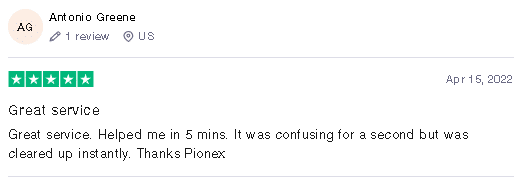 User review for Pionex on the Trustpilot site