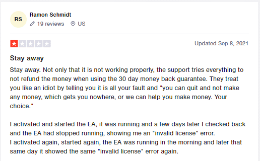 Customer review on Trustpilot