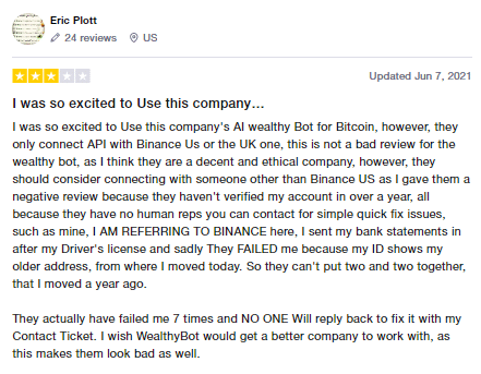 Customer review on TrustPilot