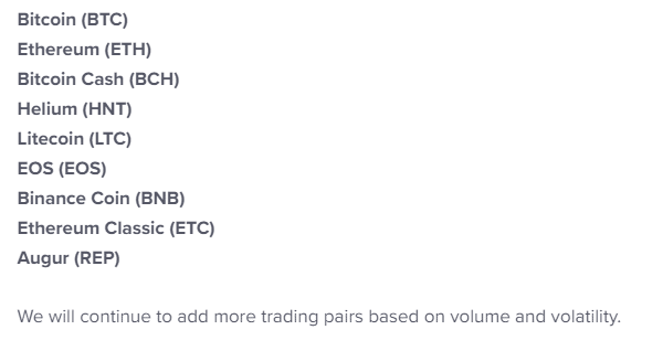 Supported trading pairs